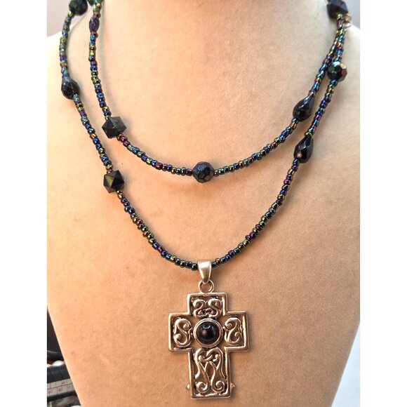 Multi-Strand Beaded Necklace With Celtic Cross Pendant & Iridescent Beads - Picture 1 of 4